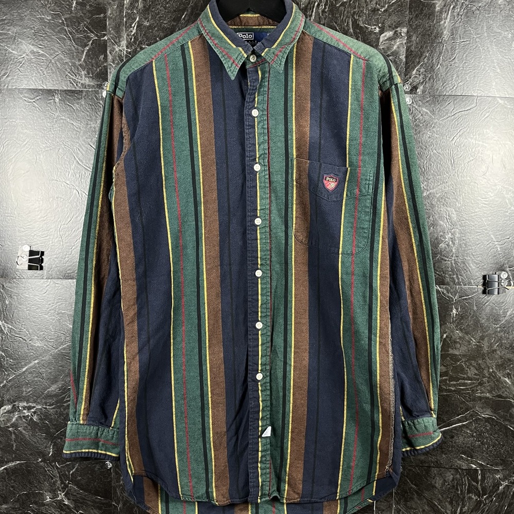 Polo Ralph Lauren Men's Block Striped Vtg Golf Crest Button Shirt Medium